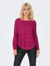 Sweater negro de punto acanalado con cuello redondo y manga larga, de calce regular.
