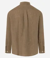 Camisa de hombre marca Marfinno, confeccionada en lino puro color marrón. Presenta un corte comfort, cuello inglés, manga larga y cierre frontal con botones.