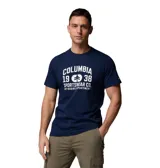 Remera azul marino de manga corta, con estampa frontal institucional de la marca Columbia en color blanco.