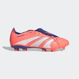 Championes de fútbol Adidas Predator League, color naranja coral con detalles en azul oscuro y tres franjas blancas. Presentan una lengüeta plegable y suela con tapones moldeados para terreno firme.