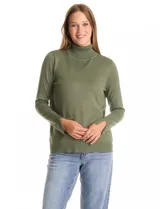 Polera de cuello alto confeccionada en tejido de punto fino, con mangas largas y detalle de tajo en los puños.