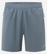 Bermuda deportiva masculina gris con cintura elástica, bolsillos laterales y cordón de ajuste.