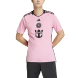 Camiseta de fútbol Adidas del Inter Miami CF, modelo Home 24/25. Diseño rosa con detalles en negro, escudo del club y logo de Adidas centrados en el pecho, y las tres tiras características en los hombros.