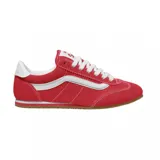 Championes Vans modelo Super Lowpro, de perfil bajo, confeccionados en gamuza color rojo con detalles en blanco en la banda lateral característica, cordones y talón. Presenta suela de goma con textura.