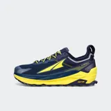Championes de trail running Altra Olympus 5, color azul con detalles en naranja y suela Vibram.