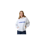 Hoodie oversize gris melange de la marca Eme Studios, con capucha, bolsillo frontal tipo canguro y estampado azul en el pecho con el nombre de la marca.