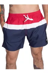 Short de baño Topper para hombre con diseño tricolor en rojo, blanco y azul marino, cuenta con cintura elástica y cordón ajustable blanco.