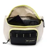 Riñonera Columbia modelo Zigzag II, de diseño bicolor en beige y negro con detalles en verde neón. Cuenta con compartimento principal con cierre, bolsillo frontal con cierre, correas ajustables con hebilla y logo de la marca en el frente.