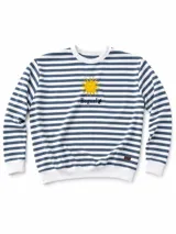 Buzo de cuello redondo con diseño de rayas horizontales en azul y blanco. Presenta un estampado central con un sol amarillo y el logo de la marca Bagual.