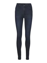 Jean skinny de tiro alto, color azul oscuro, con cierre de botón y cremallera, diseño ajustado de denim elástico y bolsillos clásicos.