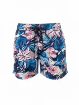 Short de baño con suspensor, estampado con diseño floral en tonos azules y rosados, con cintura elástica y cordón de ajuste negro.