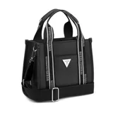 Cartera Guess modelo Jackie de color negro, confeccionada en PVC con textura saffiano. Cuenta con asas de mano fijas con tiras de tela estampada con la inscripción "GUESS LOS ANGELES", bolsillo frontal externo con el logotipo triangular metálico de la marca y correa ajustable para el hombro.