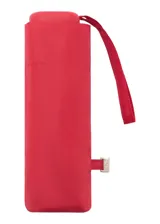Paraguas plegable de tamaño mini en color rojo, con diseño liso y correa de mano a juego. Incluye un cierre metálico a presión con detalle de logo grabado.