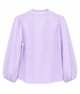 Camisa celeste de mangas largas abullonadas con puños elásticos y detalles de volados frontales.