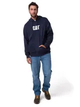Buzo con capucha y bolsillo canguro de la marca Caterpillar, color azul marino, con el logotipo CAT bordado en blanco en el pecho, mangas largas y puños de punto acanalado.