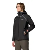 Campera impermeable Columbia con tecnología OutDry Extreme, de color negro con detalles en gris. Presenta capucha ajustable, cierre frontal con cremallera revestida, ventilación en las axilas y puños ajustables.
