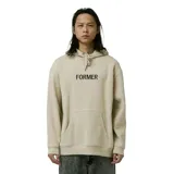 Canguro beige con capucha, cordones ajustables y bolsillo canguro frontal. Estampado con la palabra "FORMER" en negro en el pecho.