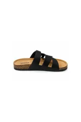Sandalias de tiras entrelazadas color marrón tostado, con plantilla anatómica, base tipo corcho y una tira superior con hebilla metálica ajustable.