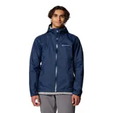 Campera cortaviento Columbia modelo Evapouration II, color azul marino, con capucha integrada, cierre frontal impermeable, ventilación en axilas y puños ajustables.