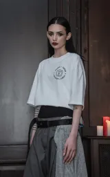 Remera blanca de corte oversize y manga corta, confeccionada en algodón premium. Presenta un estampado gráfico en la espalda con una ilustración estilo cómic de un caballero medieval con una copa y un celular, haciendo referencia a la carta del tarot 'Caballero de copas'.