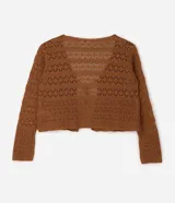 Saco corto de tricot marrón con diseño de puntos calados, escote en V, mangas largas y cierre frontal con lazo ajustable.