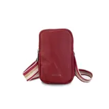 Phonebag color amarillo claro con textura granulada, cierre superior y bolsillo trasero tipo sobre. Incluye correa regulable y desmontable de galón con rayas en tonos marrones y beige.