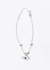 Pulsera de plata 925 con cadena forcet, esferas y dije de ojo turco con zirconia azul.