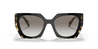 Lentes de sol Prada modelo 15W con armazón geométrico de acetato negro y patrón carey en los laterales, y cristales degradados en tonos marrones.