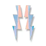 Par de aros colgantes con forma de rayo, con superficie holográfica que refleja tonos rosados, celestes y azules.