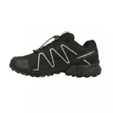 Championes de trail running Salomon Speedcross 3, color negro con detalles en gris. Presentan un diseño técnico con sistema de cordones de ajuste rápido, refuerzos en la puntera y suela con tecnología Contagrip para mayor tracción en terrenos irregulares.