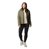 Campera técnica Columbia modelo Heavenly con capucha, color verde oliva. Presenta diseño acolchado con costuras en forma de V, cierre frontal completo, bolsillos laterales con cremallera y puños con orificios para pulgares. Incorpora tecnología Omni-Heat para termorreflexión y tejido resistente al agua.