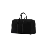 Valija de viaje grande Gucci en lona negra con monograma GG, detalles de cuero negro, asas superiores y cierre de cremallera.
