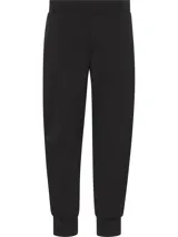 Pantalón de chándal de felpa de punto técnico en color negro, con cintura elástica, bolsillos laterales, bajo con puños y bordado sutil de la marca en la cadera.