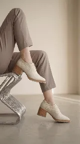 Zapato tipo slip-on color marrón, confeccionado en cuero natural con combinación de texturas lisas y grabadas. Presenta un diseño de punta almendrada, taco cuadrado de madera y suela dentada.