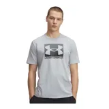 Remera de manga corta Under Armour en color gris jaspeado, con cuello redondo acanalado y estampado gráfico del logo de la marca en el centro del pecho.