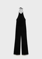 Mono largo de fiesta negro con espalda descubierta, cuello halter y cierre de cremallera en la parte posterior. Diseño recto y sin mangas.