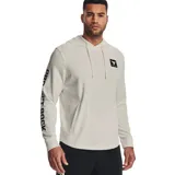 Buzo Under Armour de hombre, color negro, con capucha y cordones ajustables. Presenta el logo de Project Rock en el pecho y la inscripción "Project Rock" en la manga izquierda.