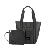Bolso tipo tote de color negro con textura granulada, marca Terrano. Presenta doble asa de hombro reforzada y cierre mediante presilla con imán. Incluye un necessaire a juego con cierre y correa de muñeca.