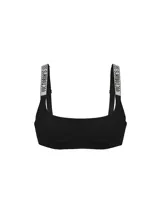 Bralette negro de encaje con diseño sin forro y sin aros, escote redondo pronunciado y tirantes ajustables con pedrería y monograma de la marca.