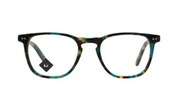 Anteojos de receta con armazón de acetato en diseño carey con tonos verdes, amarillos y marrones. Presentan una forma clásica redondeada con remaches metálicos en las esquinas.