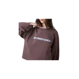 Remera manga larga marrón de Eme Studios, con cuello redondo y estampa frontal con el logo y nombre de la marca en color celeste.