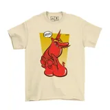 Remera de algodón color beige con estampa frontal de un personaje de dibujos animados de color rojo con un globo de texto que dice 'WHOOPS!'.