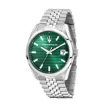 Reloj Maserati Attrazione con caja y brazalete de acero inoxidable. Presenta una esfera verde con diseño de líneas horizontales, índices aplicados y ventana de fecha con lupa a las 3 en punto. Movimiento de cuarzo y cierre desplegable.