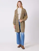 Cárdigan largo multicolor de tejido melange, sin botones, con puños ajustados que crean un efecto de manga abullonada.