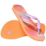 Ojotas Havaianas modelo Top Fashion con estampa degradada en tonos pastel de naranja, rosado y celeste. Las tiras son de goma color lila claro con textura en zigzag y el logo de Havaianas en relieve.