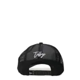 Gorra tipo trucker color negro con panel frontal de algodón y malla trasera. Presenta un parche cuadrado blanco con el logo de la marca bordado en negro en el frente.