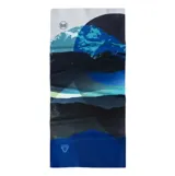 Cuello multifuncional Buff modelo Thermonet, diseñado con fibras aislantes PrimaLoft para brindar calor sin añadir volumen. Presenta un diseño sin costuras con elasticidad en cuatro direcciones, tejido transpirable que absorbe la humedad y un estampado abstracto en tonos azules, blancos y negros.