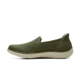 Championes Skechers Slip-Ins Flex Radiant Happy Day, color verde militar, de diseño sin cordones con capellada de tejido técnico transpirable y suela amortiguada en tono crudo.