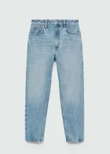 Jeans mom-fit de tiro alto y diseño clásico de cinco bolsillos, confeccionados en denim de algodón en tono azul claro.
