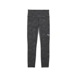 Calza deportiva Puma de tiro alto y largo 7/8, con diseño jaspeado en tonos gris oscuro y negro. Presenta el logo de la marca estampado en blanco en la pierna izquierda.